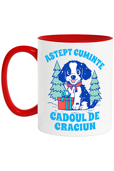StoryGift Romania Cana cu Caine Vesel Langa Bradul De Craciun Cadou Rosu Text...