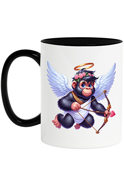 StoryGift Romania Cana cu un cimpanzeu Cupidon, ilustratie, trage cu arcul, aripi, indragostire, V, Cu Maner Negru