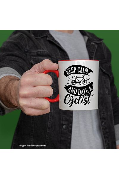 StoryGift Romania Mug with a message urging you to stay calm and meet a female cyclist, with STG