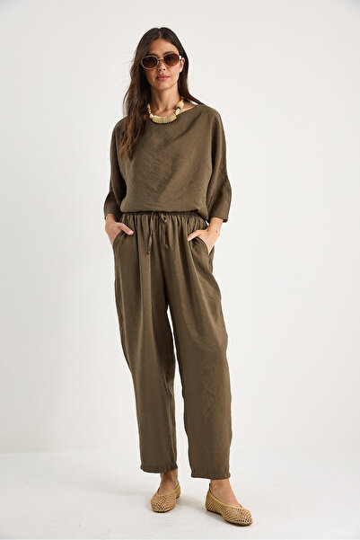 Bianco Lucci Γυναικεία μπλούζα με μισό μανίκι με λαιμόκοψη με ελαστική μέση φαρδύ παντελόνι κάτω-κορυφή 60283118