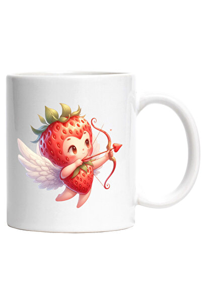 StoryGift Romania Cana cu un bebelus Cupidon in costum de capsuna | trage cu arcul | aripi | zboar, Cu Maner Alb