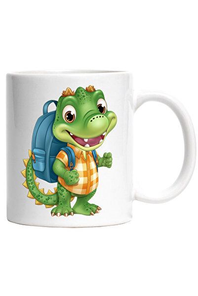 StoryGift Romania Cana cu un dinozaur verde explorator | ilustratie | ghiozdan | pleaca in expedit, Cu Maner Alb