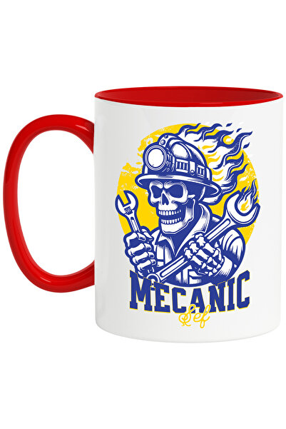 StoryGift Romania Cana Schelete cu Casca in Flacari Text Mecanic priceput, 330ml, Ceramic cu Maner, Cu Maner Rosu