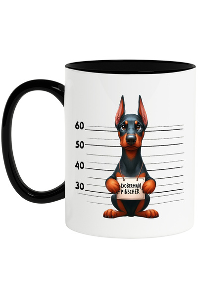 StoryGift Romania Cana cu Doberman Pinscher, caine, animal de companie, ilustratie, pitic, trist, , Cu Maner Negru