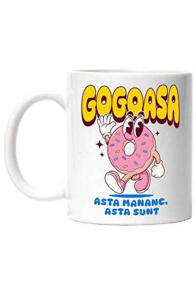 StoryGift Romania Cana cu Gogoasa Glazurata Roz Facand Cu mana Salutare Text Haios Asta Mananc Ast, Cu Maner Alb