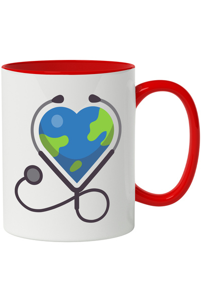 StoryGift Romania Cana Cu Inima, Sanatate, Planeta, Stetoscop, Multicolor 330 ml, Ceramica cu Mane, Cu Maner Rosu