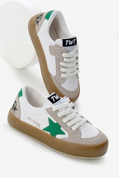 Tonny Black Children's Unisex White Green Thermo Sole Star Detailed Lace up and Velcro Sports Shoes