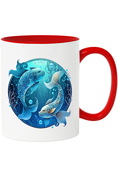 StoryGift Romania Cana cu 2 pesti | ilustratie | zodie | arta abstracta | astrologie | cerc | apa , Cu Maner Rosu