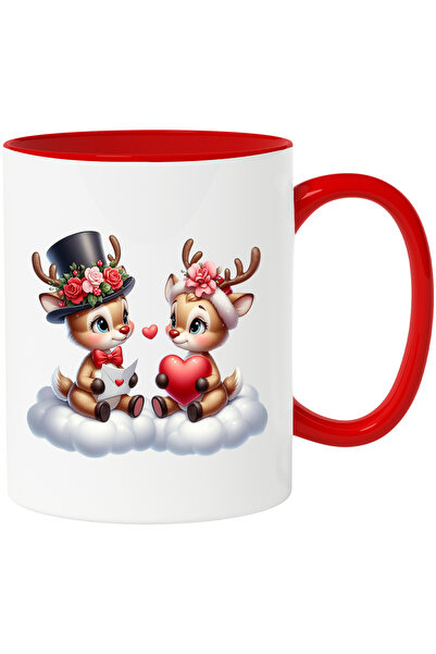 StoryGift Romania Cana cu 2 reni care stau pe norisori | ilustratie | inimioare | scrisoare | flor, Cu Maner Rosu