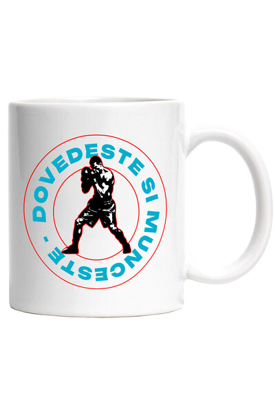 StoryGift Romania Cana cu Jucator Meci Box Barbat Sport De Contact Text Dovedeste Si Munceste, Cer, Cu Maner Alb