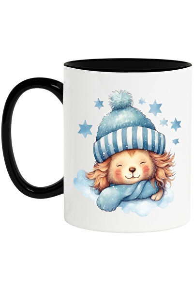 StoryGift Romania Cana cu un leut care doarme | ilustratie | caciula | frig | stelute | norisor | , Cu Maner Negru