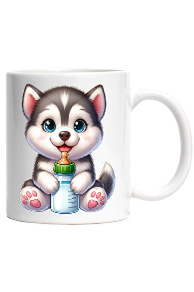 StoryGift Romania Cana cu un catelus Husky care tine un biberon cu lapte | ilustratie | sugar | co, Cu Maner Alb