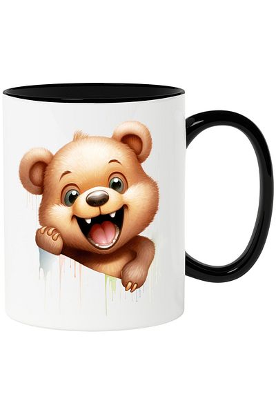 StoryGift Romania Mug with a cheerful teddy bear | illustration | color spots | happy | animal scarf, With Black Handle