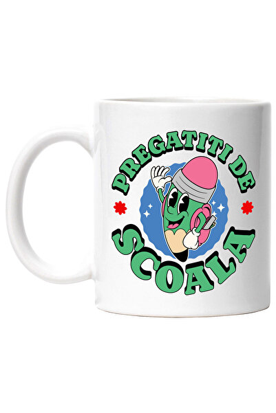 StoryGift Romania Cana cu Creion Verde Cu Ghiozdan Pentru Scoala Text Pregatit Educatie Invatare, , Cu Maner Alb