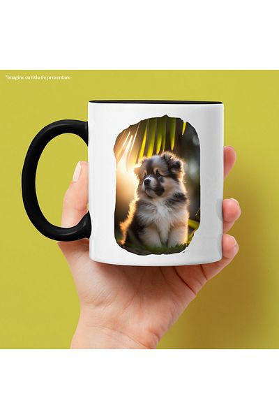StoryGift Romania Cana cu Portret Caine Dragut, Rasa Lapphund finlandez, Blana colorata, Pufos, Ca, Cu Maner Negru