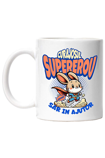 StoryGift Romania Cana cu Iepure In Costum De Super erou cu Pelerina Rosie Text Curajosul Sar In A, Cu Maner Alb