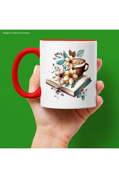 StoryGift Romania Mug with an open book on which a cup of coffee is placed | illustration | flor, Cu,STG.