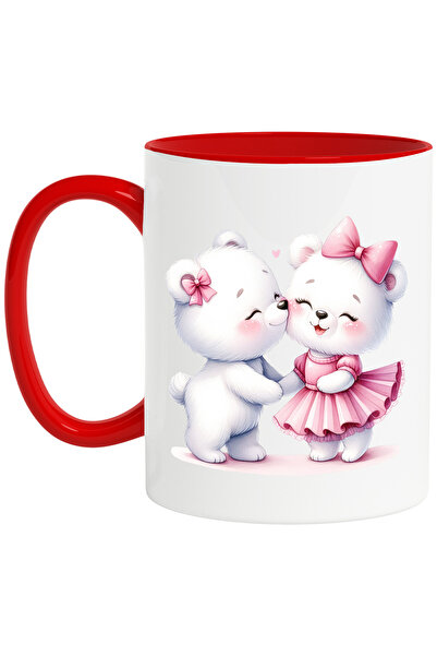 StoryGift Romania Cana cu 2 ursuleti polari apropiati | ilustratie | imbujorati | funda | rochita , Cu Maner Rosu