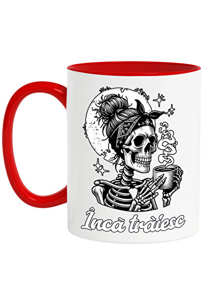 StoryGift Romania Cana femeie schelete text Cafea. Încã traiesc, 330ml, Ceramic cu Maner Rosu, Cu Maner Rosu