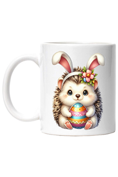 StoryGift Romania Cana cu un arici cu urechi de iepuras, ou vopsit, sarbatori pascale, jucaus, ves, Cu Maner Alb