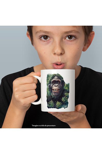 StoryGift Romania Cana Cu Maimuta care Rade Printre Frunze, Jungla, Banane, Cimpanzei, Ceramica, 3, Cu Maner Alb