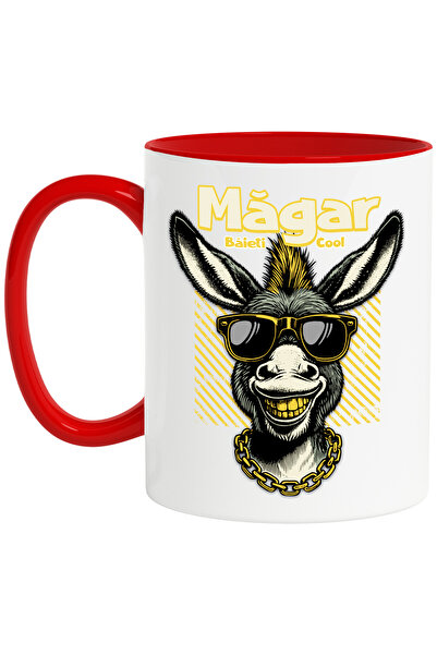 StoryGift Romania Cana Magar cu colier de aur si dinti de aur Baieti Cool, 330ml, Ceramic cu Maner, Cu Maner Rosu