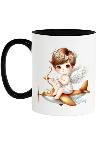 StoryGift Romania Cana cu un bebelus Cupidon care trage cu arcul, pe un avion, ilustratie, aripi, , Cu Maner Negru