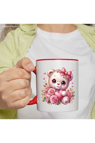 StoryGift Romania Mug with a cheerful teddy bear | illustration | roses | pink | flowers | plan, With ,STG
