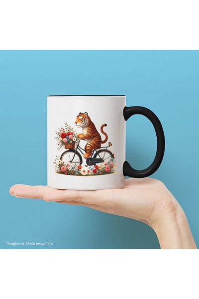 StoryGift Romania Mug with a tiger riding a bike | illustration | ride | basket with flower, With Black Handle