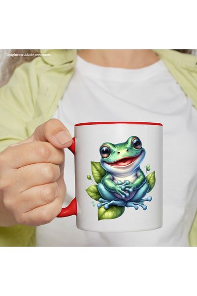 StoryGift Romania Mug with a happy frog | illustration | leaves | water | lake | puddle | happiness | , With Red Handle