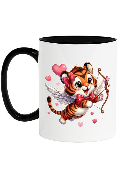 StoryGift Romania Mug with a tiger Cupid shooting a bow | illustration | hearts | wings | , With Black Handle