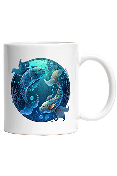 StoryGift Romania Cana cu 2 pesti | ilustratie | zodie | arta abstracta | astrologie | cerc | apa , Cu Maner Alb