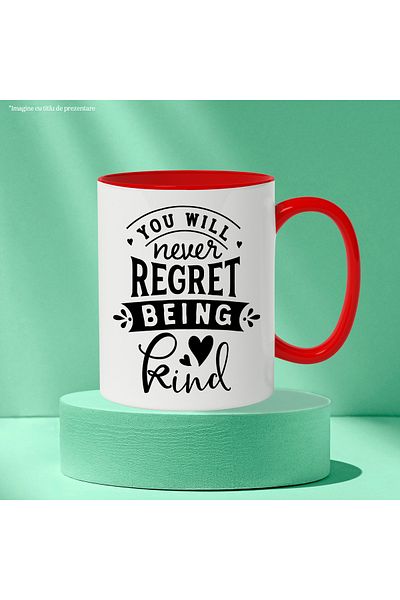 StoryGift Romania Mug with hearts and the text "You will never regret being good" with Red Handle, With ,STG