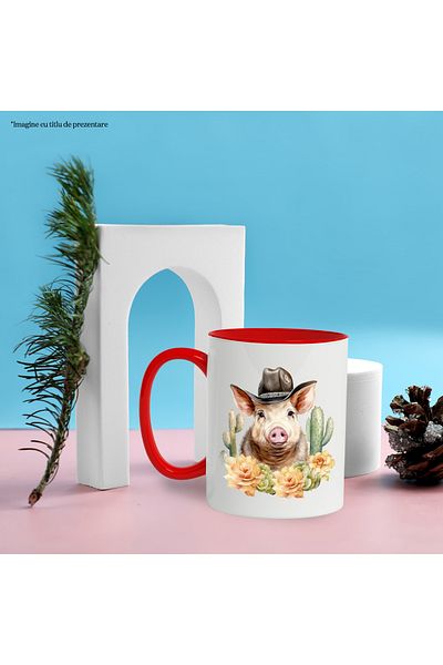 StoryGift Romania Mug with a cowboy pig, illustration, Wild West, flowers, cactus, nature, , With ,STG