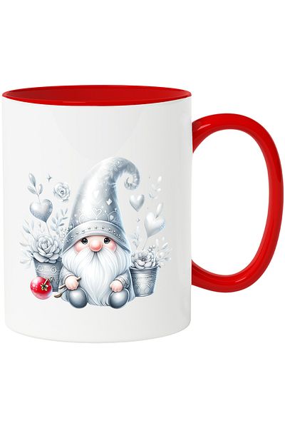 StoryGift Romania Cana cu un pitic | ilustratie | barba lunga alba | flori | inimi | din povesti |, Cu Maner Rosu