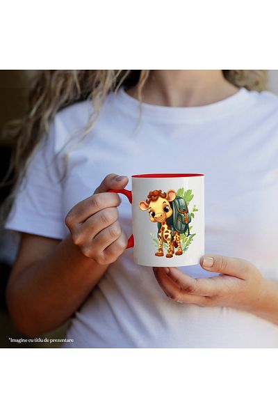 StoryGift Romania Mug with an exploring giraffe | illustration | nature | schoolbag | equipped | leaf, With ,STG