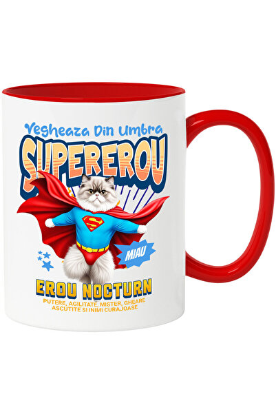 StoryGift Romania Cana cu Persan / persian Pisica In Costum de SuperMan cu Pelerina, Erou Nocturn,, Cu Maner Rosu