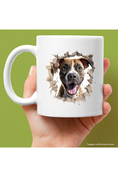 StoryGift Romania Cana cu un catel curios care se uita printr-un perete spart, ilustratie, jucaus,, Cu Maner Alb