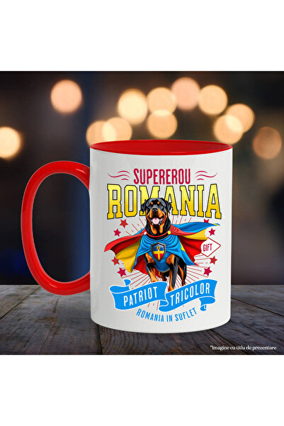StoryGift Romania Mug with Rottweiler Dog in Captain Romania Costume with Cape, Night Hero,, With Red Handle