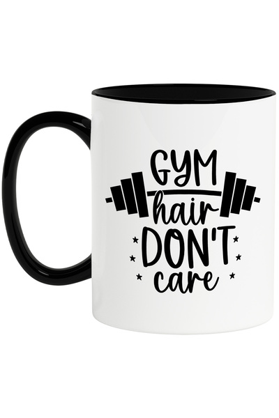 StoryGift Romania Cana pentru cei care ridica greutati cu mesajul "Gym hair don't care" - haltera , Cu Maner Negru