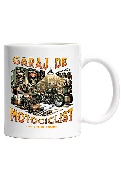 StoryGift Romania Cana garaj de motociclist cranii motor vintige , 330ml, Ceramic cu Maner Alb, Cu Maner Alb