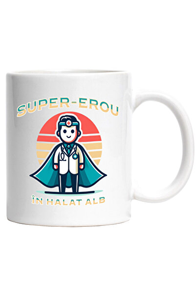 StoryGift Romania Cana Barbat Doctor Text Super-Erou In Halat Alb Meserie, 330ml, Ceramic cu Maner, Cu Maner Alb