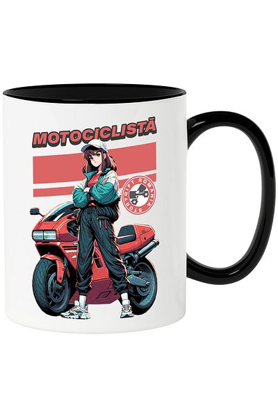 StoryGift Romania Cana motociclista fata langa motor rosu viteza, 330ml, Ceramica cu Maner Negru, Cu Maner Negru