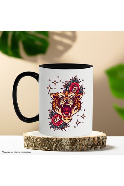StoryGift Romania Mug With Tiger Head, Roses, Leaves, Stars, Polka Dots, Multicolor 330 ml, Wax, With ,STG