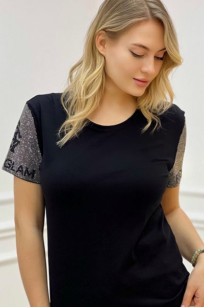 RICH GLAM Large Size Sleeves with Crystal Stones Black Cotton Short Sleeve Crew Neck Comfortable Stylish Women's T-Shirt