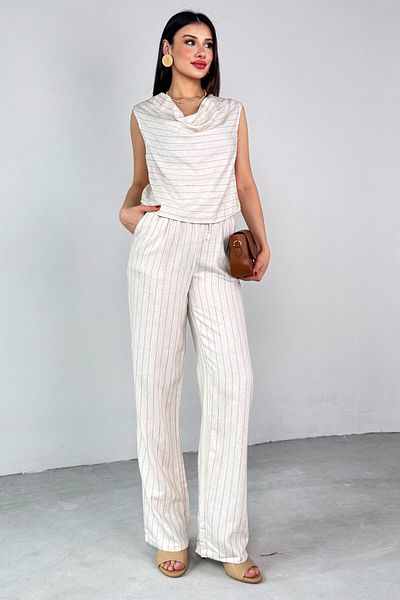 Cappmoda Tkm-25136 Κρεμ σάλι γιακά ριγέ μπλούζα με δέσιμο στη μέση Φαρδύ παντελόνι με φαρδύ πόδι