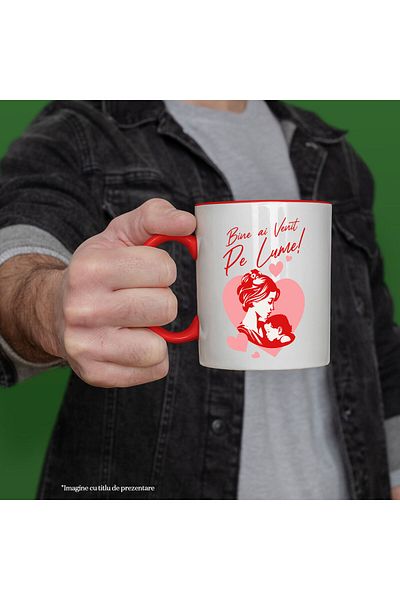 StoryGift Romania Cana cu Mama Si Copil Dragoste Inima Text Bine Ai Venit Pe Lume, Ceramica, 330ML, Cu Maner Rosu