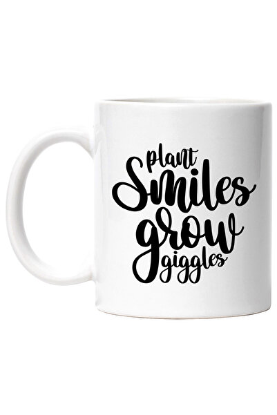 StoryGift Romania Cana cu mesaj in engleza "Plant smiles, grow giggles" - planta zambeste, cresc c, Cu Maner Alb