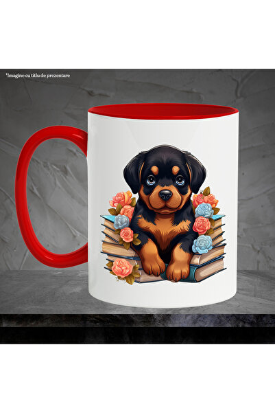 StoryGift Romania Mug with a Rottweiler puppy sitting on some books | stacks | flowers | nature, With ,STG