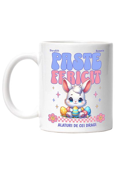 StoryGift Romania Cana cu Iepure Alb Copii Cu Oua Colorate Pascal Flori, Stele Text Paste Fericit , Cu Maner Alb